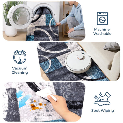 Yamaziot Modern Abstract Runner Rug, Ultra Soft 2x8 Washable Rug with Non-Slip Backing, Low Pile Patchwork Throw Carpet for Hallway, Entryway, Kitchen, Bedroom (Blue, Geometric Circle)