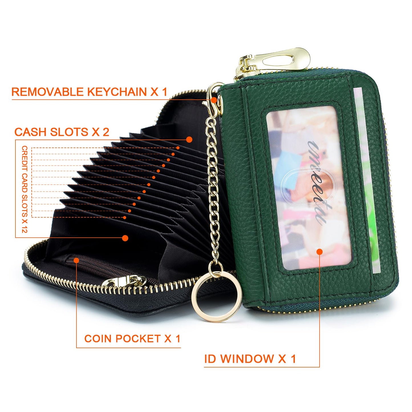 imeetu RFID Credit Card Holder, Small Leather Zipper Card Case Wallet with Keychain and ID Window for Women (Pro,Olive Green)
