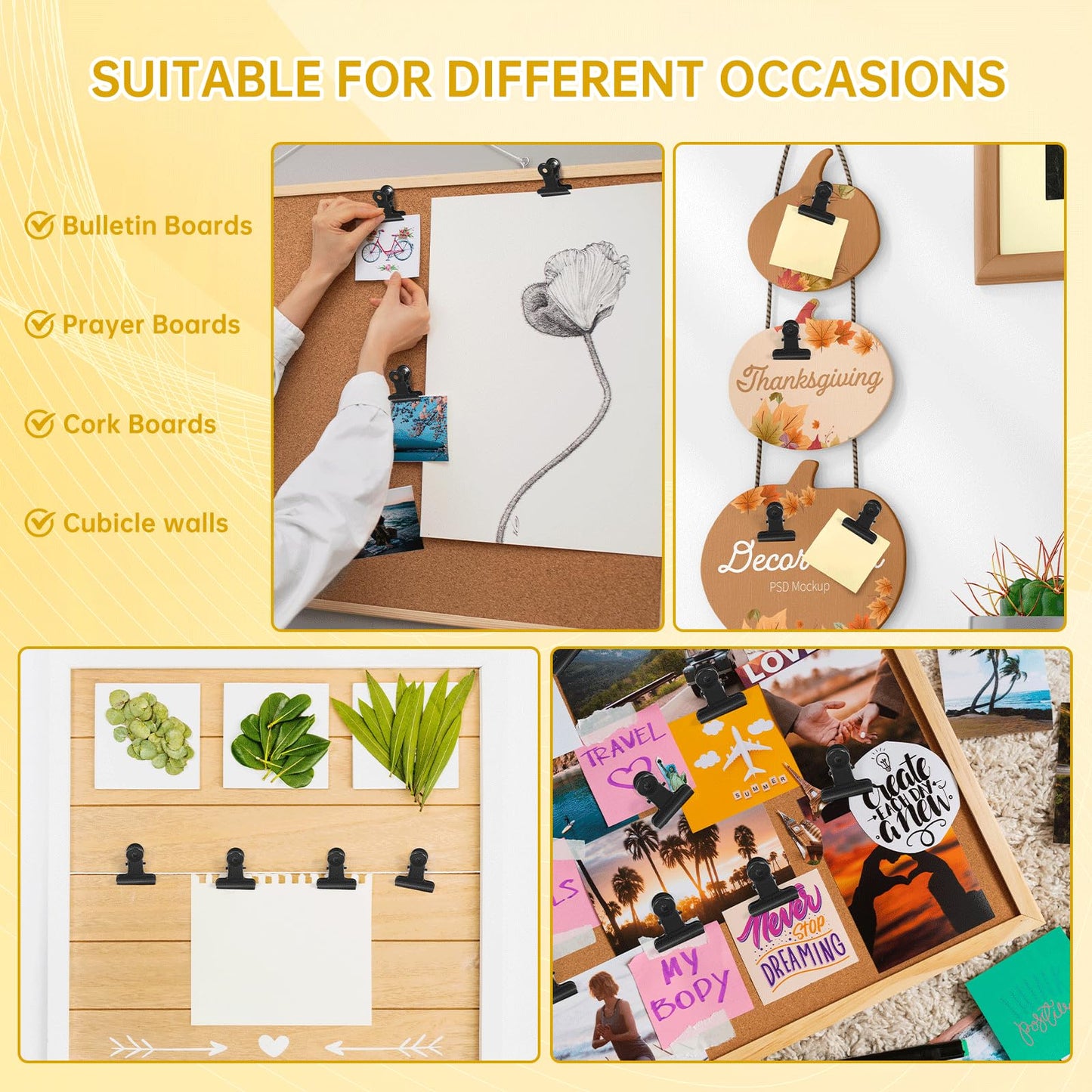 GOOLADA 36 Pieces Black Push Pins Clips Metal Push Pin with Clips Black Pushpin Clip Bulldog Clip with Pins Thumb Tacks for Bulletin Board Cork Board Cubicle Wall for Classroom School Office