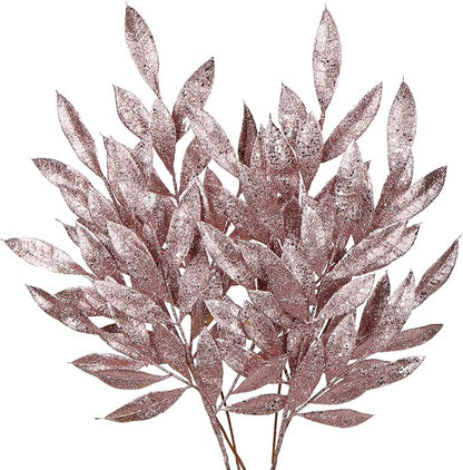 DILATATA 6Pcs Christmas Glitter Leaves Bay Leaves Spray 24" Artificial Rose Gold Bay Leaf Picks Sprays Giltter Stems for Christmas Tree DIY Xmas Wreath Garland Home Decor - Rose Gold
