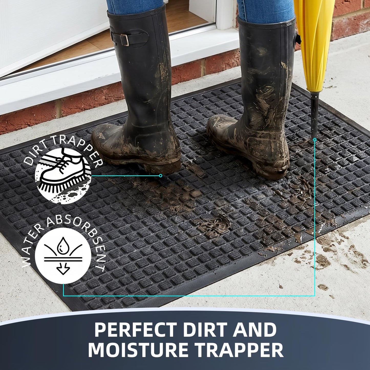 WELDUN Front Door Mat Outside Entrance, Heavy Duty Waterproof Doormat for Indoor/Outdoor, Dirt Trapper with Non-Slip Rubber Backing, Low Profile Easy Clean, Stain & Fade Resistant 29.5"x17", Grey