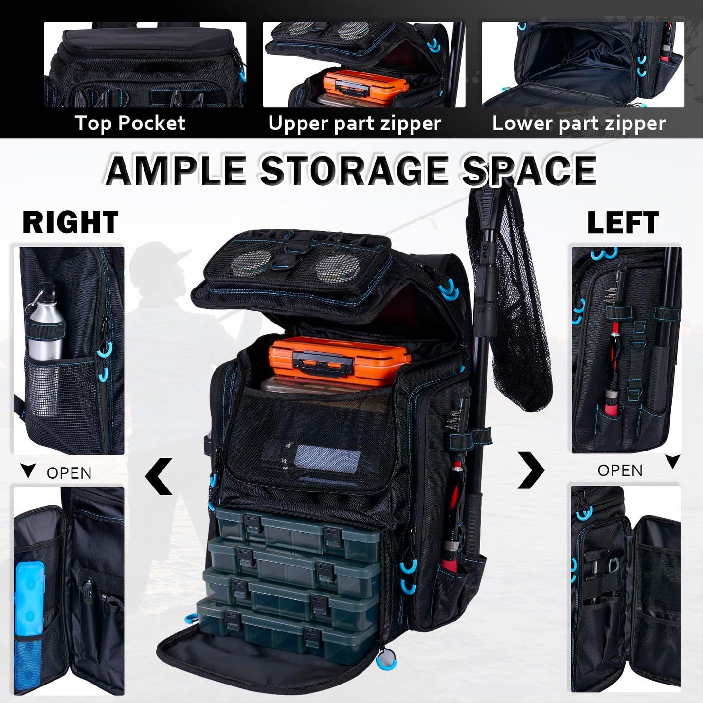 Magikeration Fishing Backpack with Rod Holders,900D Oxford Water-Resistant Fishing Gear,42L Large Storage Tackle Bag for Men
