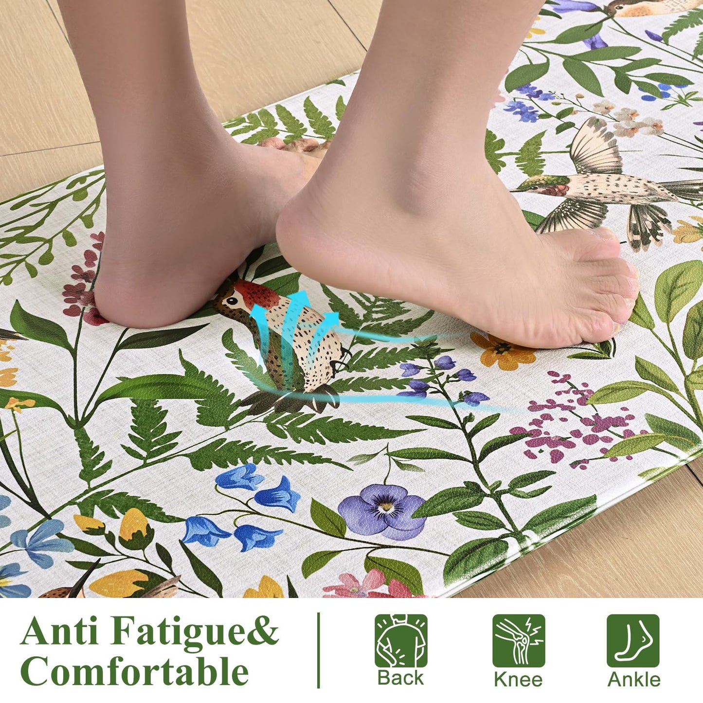 Yinhua White Kitchen Mats for Floor Sets of 2, Floral Anti Fatigue Mats for Kitchen Floor Rug Cushioned, Farmhouse Kitchen Rugs Non Slip, Bird Waterproof Mat for Laundry Office, 17.3"×30"+17.3"×47"
