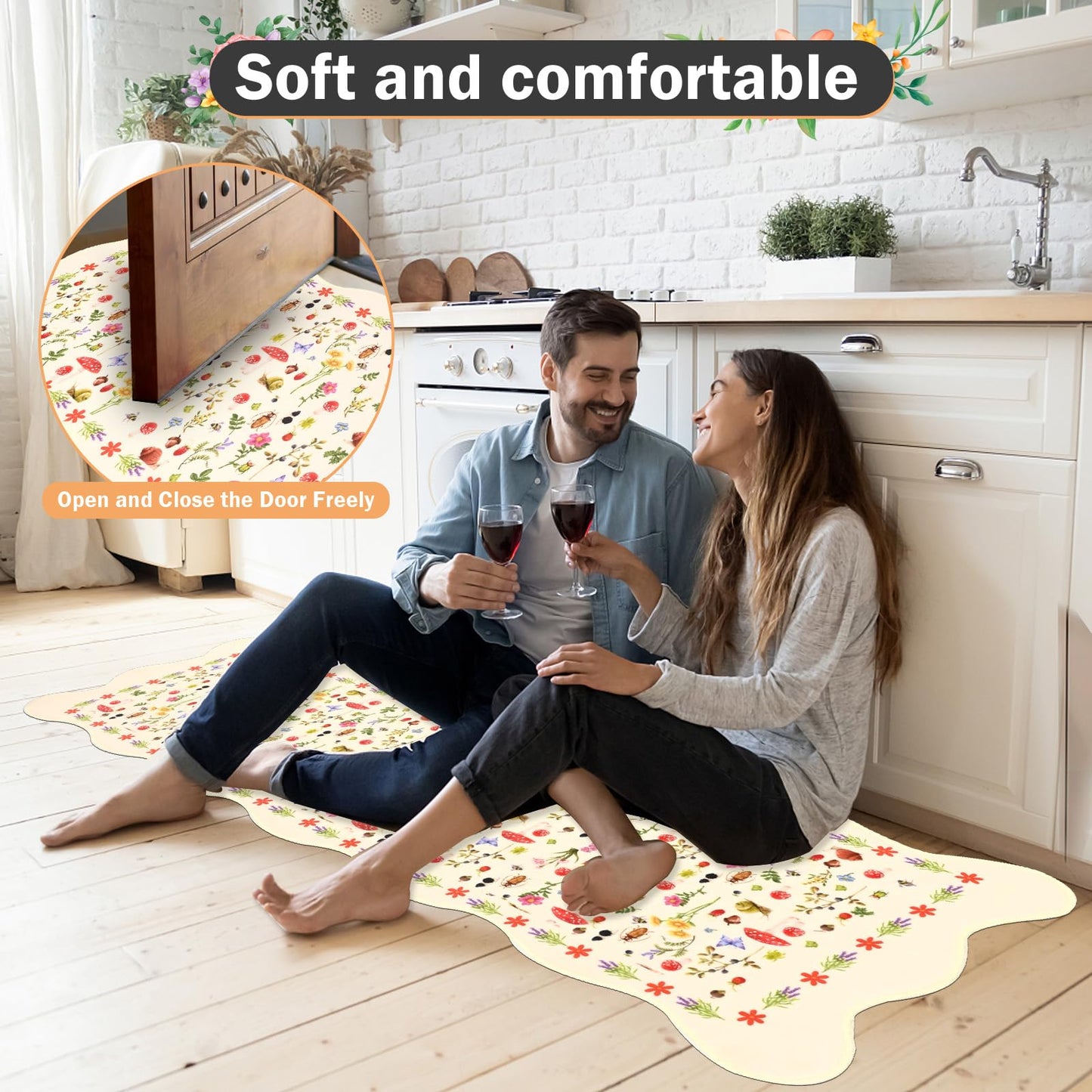PCSWEET HOME Mushroom Kitchen Rug Set of 3 Scalloped Butterfly Flower Kitchen Rugs and Mats Non-Slip Washable Comfort Standing Mat for Laundry Room, Bar, Office 20 "x32+20 "x47+20 "x59