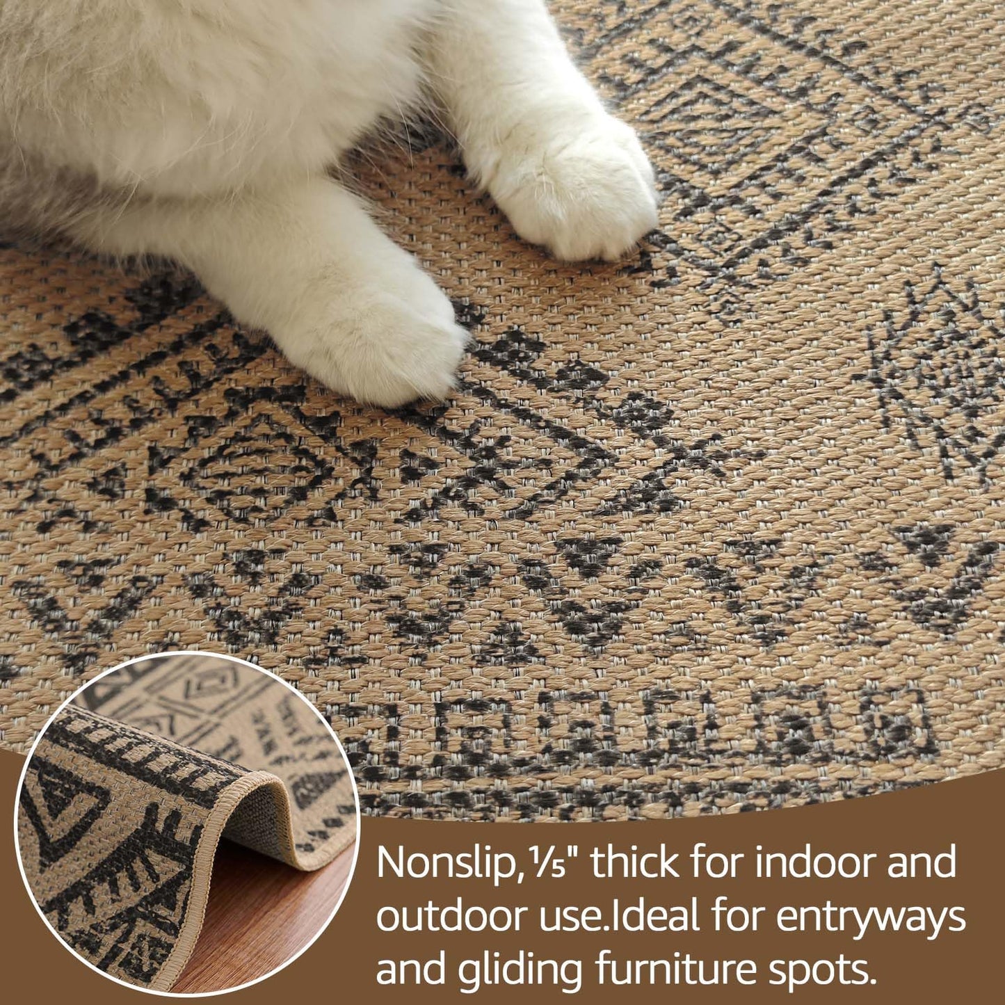 jinchan 3x5 Washable Faux Jute Area Rug, Natural Fiber Look Boho Southwestern Geometric Accent Rug, Low-Pile Non-Slip Floor Mat for Bedroom Living Room Entryway Covered Patio Balcony, Natural Charcoal