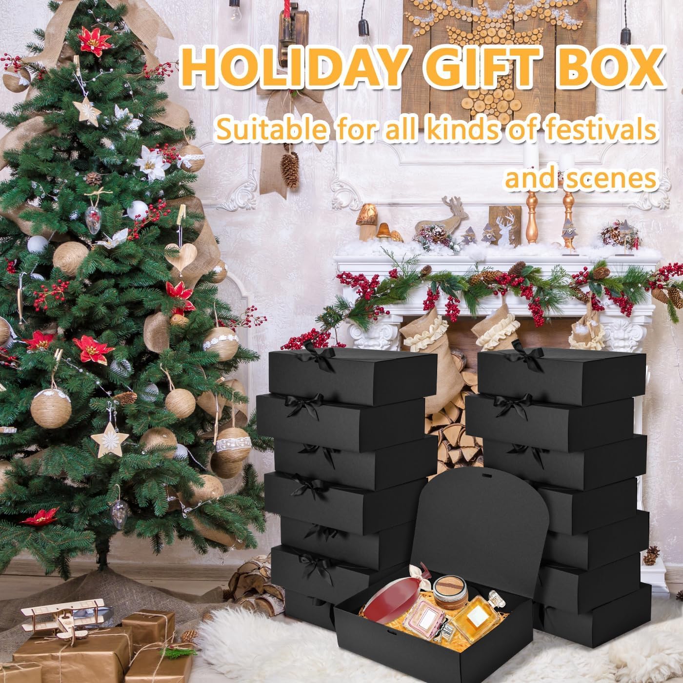WLUSEAXI 15Pack Gift Boxes with Lids, 10.6x7.8x3.1 Inches Bridesmaid Proposal Boxes with Ribbon, Black Gift Boxes for Presents,Kraft Paper Boxes for Wedding Christmas Birthday Baby Shower Party