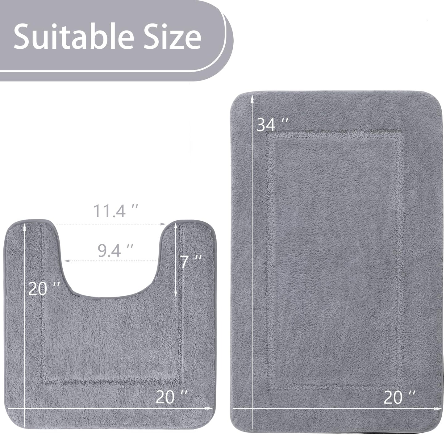 LOCHAS Bathroom Rug Set Light Grey, Soft Bath Rug Set 2 Piece, Toilet Mat U-Shaped 20x20 and 34x20 Bath Rugs, Quickly Dry Mats for Bathroom, Tub, Washable, Super Absorbent Floor Mat