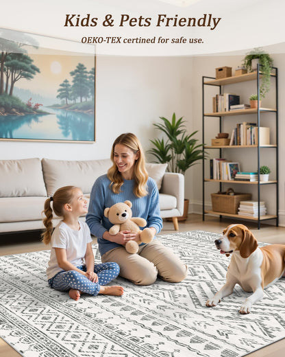 Miukiki 8x10 Area Rug for Living Room Moroccan Washable Rugs Non Slip Indoor Floor Carpet Foldable Large Soft Area Rug for Dining Room Bedroom with Low Pile(Grey,8'x10')