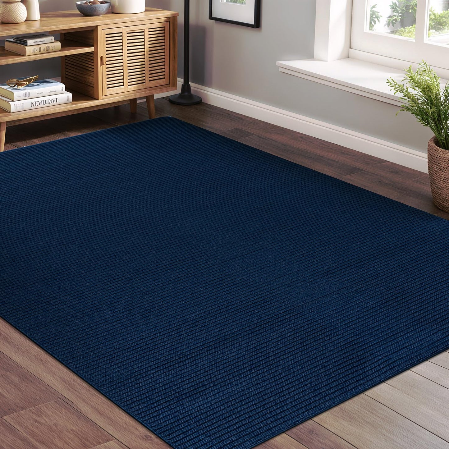 Beverly Rug Non-Slip Modern Rug 5x7 Solid Traditional Rubber Backing Machine Washable Soft Thin Indoor Area Rugs for Living Room Stain Resistant Non Shedding Casual Carpet (5 x 7 Navy Blue)