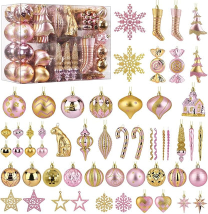 SHareconn 145pcs Christmas Balls Ornaments Set, Shatterproof Plastic Baubles Snowflakes, Stars and Tree Topper for Xmas Tree Holiday Wedding Party Decorations with Hanging Strings, Gold and Pink