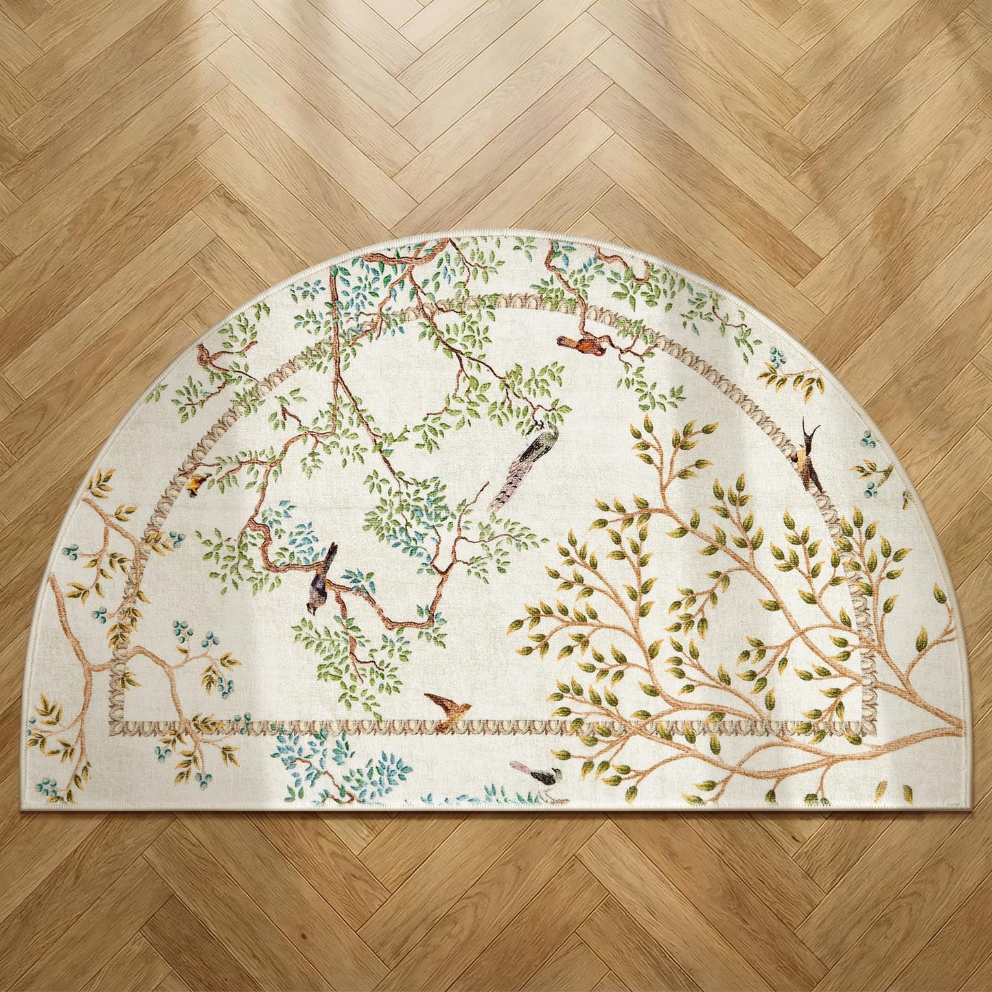 jinchan Yarden Washable Small Area Rug, 2x3 Half Circle Nature Plants Entryway Rug, Low Pile Doormat Soft Non Slip Dirt Trapping Carpet for High Traffic Kitchen Bathroom Vanity, Natural Ivory