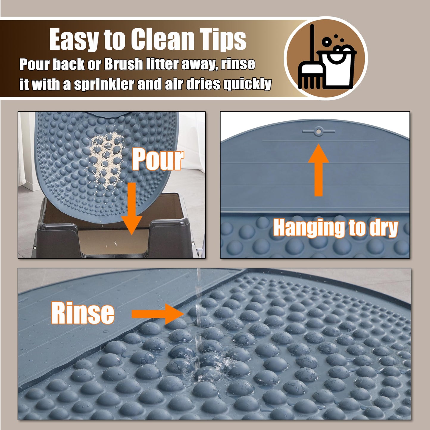 PetPals Silicone Cat Litter Trapping Mat,32" Round Waterproof & Non-Slip Litter Catcher, Self-Cleaning Litter Box Mat, Large Litter mat for Automatic Litter Box, Grey