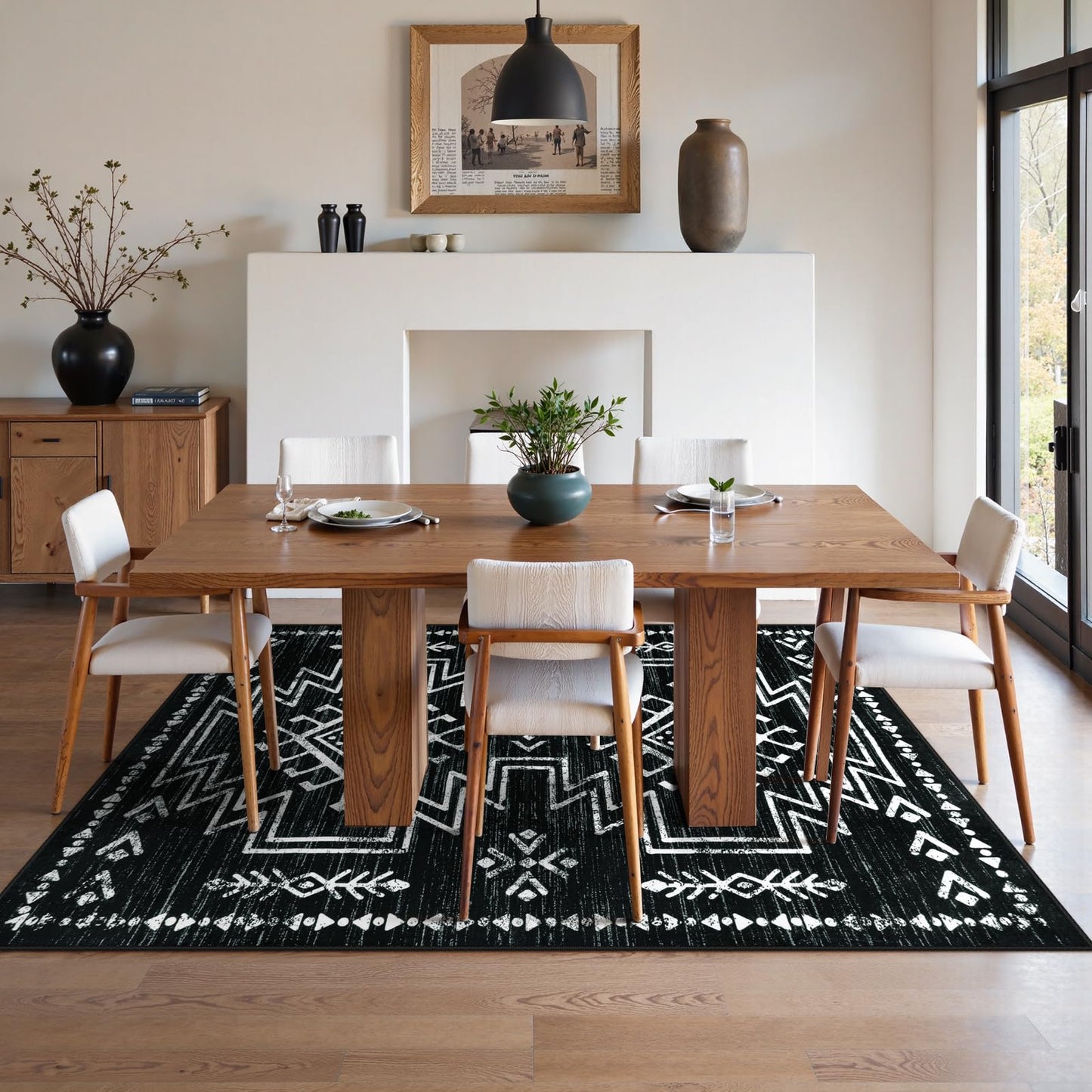 Lahome Vivienne 5x7 Western Black and White Rugs for Living Room, Washable Soft Aztec Rug for Bedroom, Boho Low Pile Distressed Moroccan Carpet for Dining Room Home Decor