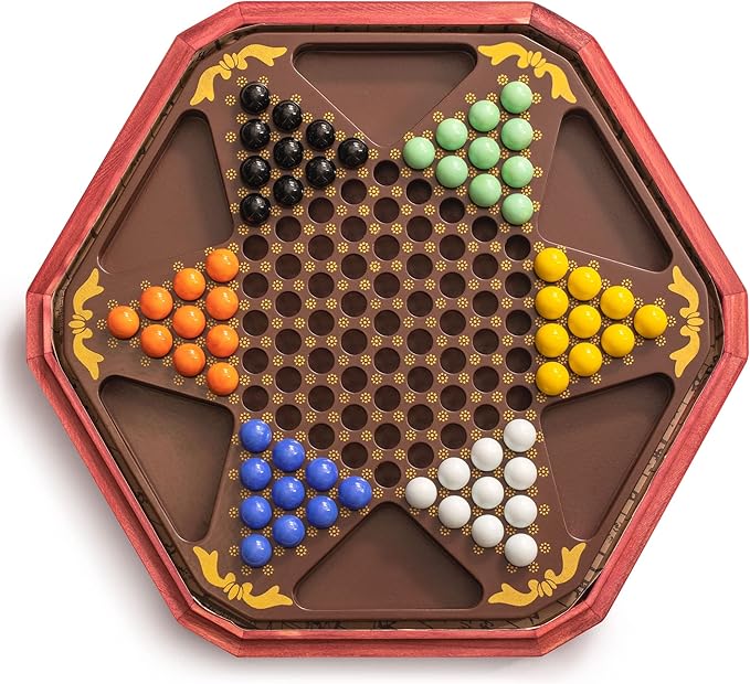 Yellow Mountain Imports Classic Chinese Checkers Halma Board Game Set with Storage 12.6-inch Wooden Board and Solid Color 16-Millimeter Glass Marbles