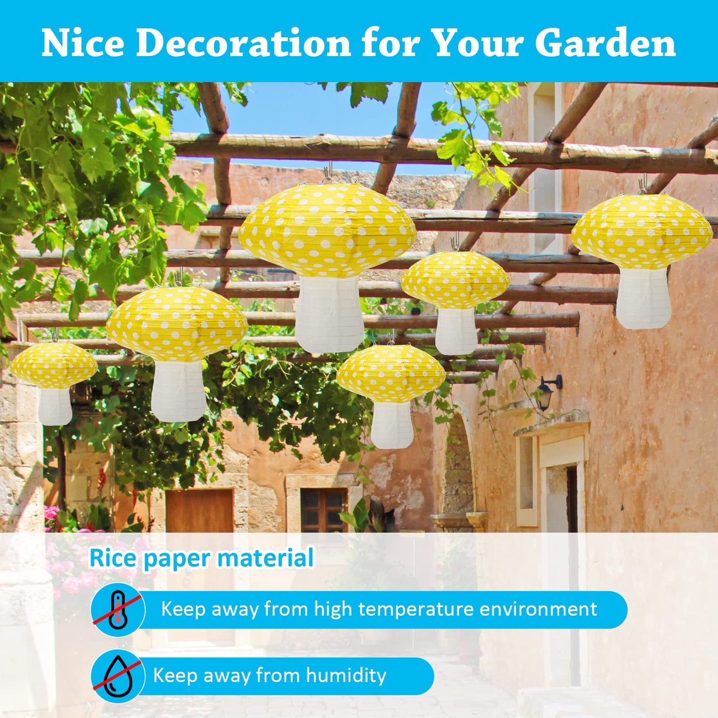 4Pcs Mushroom Shaped Paper Lanterns, Windspeed Large Mushroom Shaped Lanterns For Nursery Garden Christmas Party Decoration, 8 inch, 12 inch (Yellow)