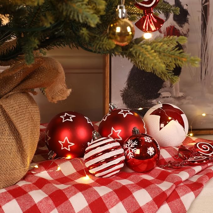 Alupssuc 65pcs Christmas Balls Ornaments Set, Shatterproof Plastic Baubles Gingerbread House, and Tree Topper for Xmas Tree Holiday Wedding Party Decorations with Hanging Strings, Gold & Red, White
