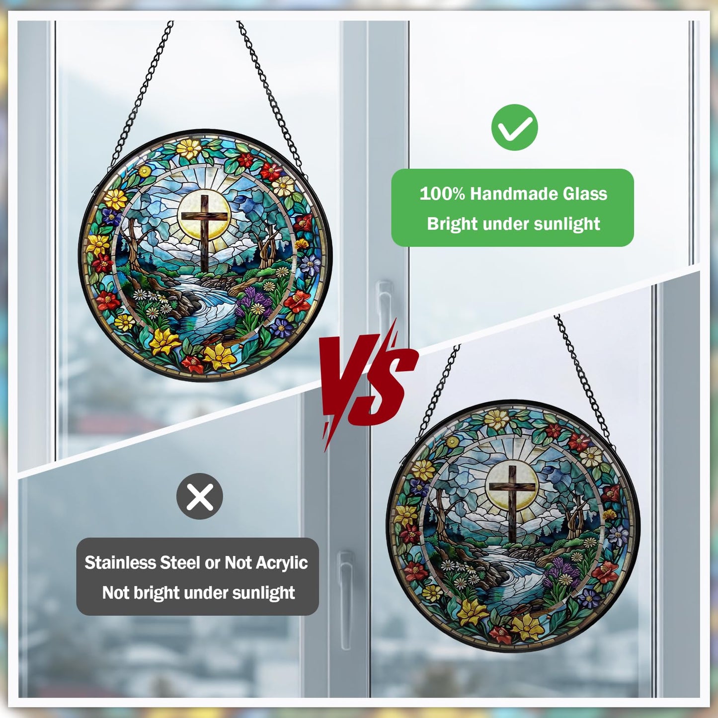 Cross Stained Glass Window Hanging, Wildflower Suncatcher Diamond Glass Panel Hangings, Sun Catchers Indoor Windows Wall Art Decor, Pastor Christian Gift, Christmas Decor for Home Office 7.87 inches