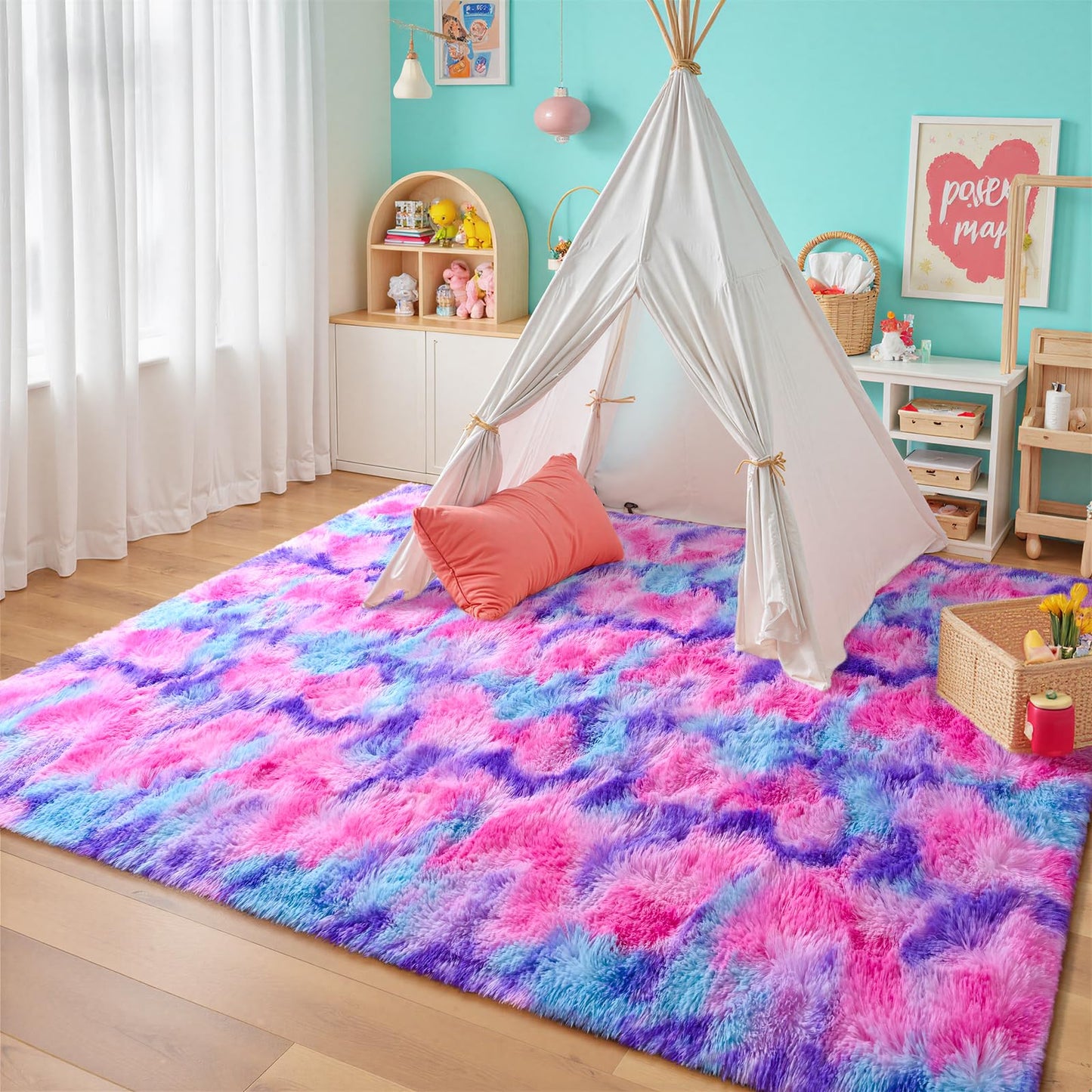 junovo 4x6 Washable Area Rug for Girls Bedroom Living Room, Tie-Dyed Hot-Pink Soft Non-Slip Fluffy Rugs, Shag Plush Memory Foam Carpet for Kids Room Baby Nursery Home Decor