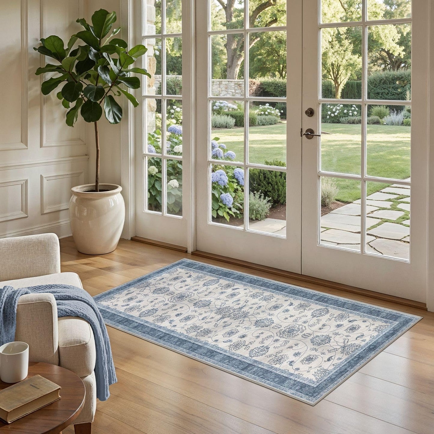 UERMEI 3x6 Machine Washable Runner Rug: Vintage Non Slip Low-Pile Stain-Resistant Hallway Floor Carpet, Soft for Entryway Kitchen Bathroom, Kid Pet Safe Robot Vacuum Friendly - Blue