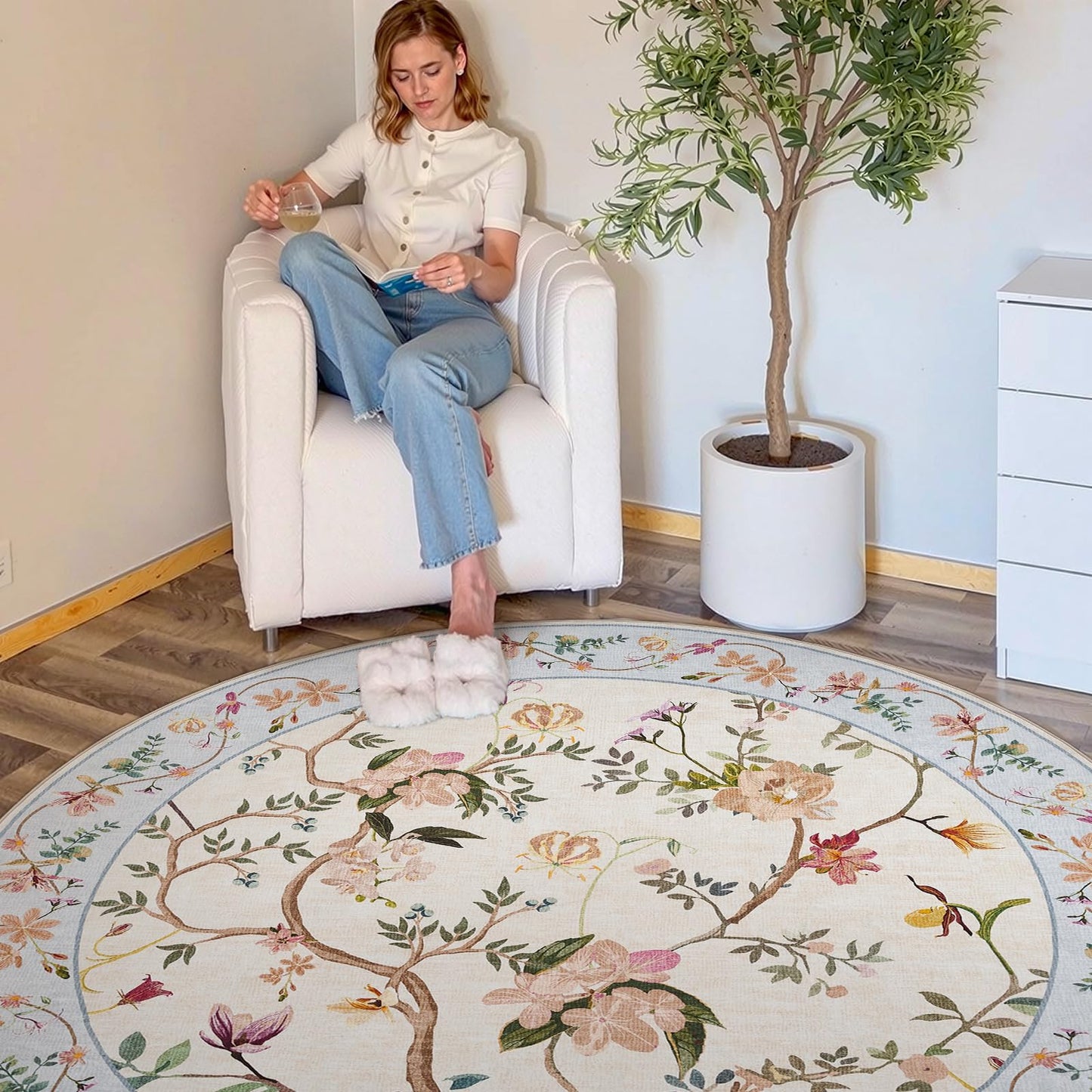 jinchan Floraison Floral Oval Rug for Entryway 3x5 Washable Oriental Flower Design Soft Non Slip Lightweight Low-Pile Chinoiserie Throw Carpet for Bedroom Living Kitchen Room Home Beige/Blue