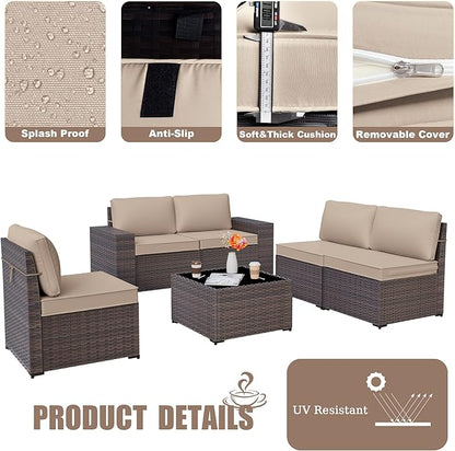 Kurapika 6 Pieces Patio Furniture Set, Rattan Wicker Outdoor Conversation Sets w/4 Inch Cushion and Glass Coffee Table(Sand)