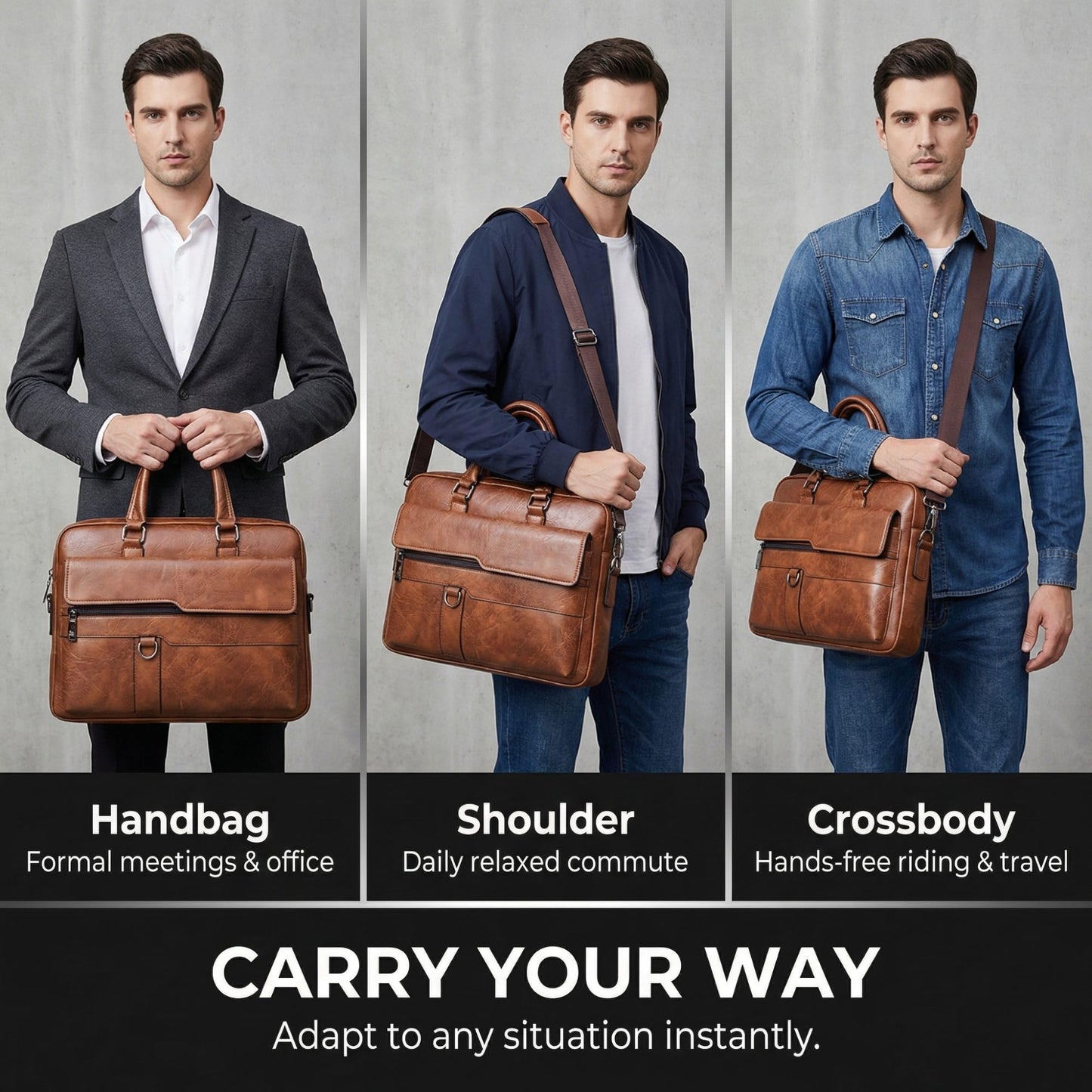 JINGTIANCD Men's Faux Leather Laptop Bag 15.7 Inch, Water-Resistant Briefcase Messenger Bag for Work, Business, Travel | Adjustable Shoulder Crossbody Office Satchel(Deep Khaki)