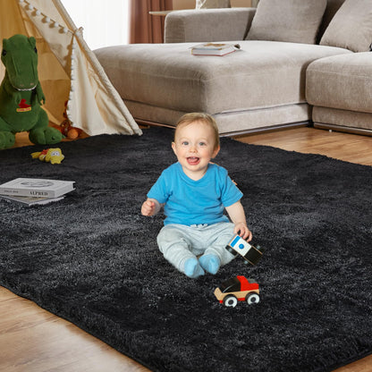 KNZE Super Soft Area Rugs for Living Room 5x7 Black, Fluffy Furry Shaggy Fuzzy Area Rug, Upgrade Anti-Skid Rectangular, High Pile Soft Throw Rug for Bedroom and Kids Room, Home Decor Aesthetic