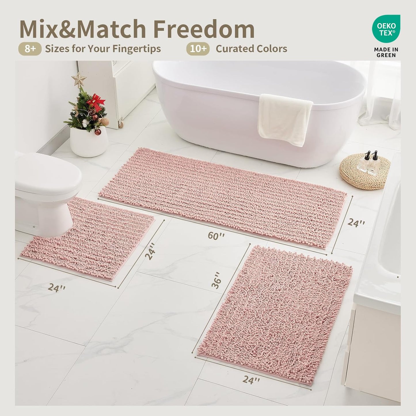 Ruggnovea Toilet Rugs U-Shaped Mat 24x24, Contour Bathroom Mat - Ultra Soft & Absorbent Chenille, Quick-Dry, Machine Washable with Non Slip Barrier Backing, Pink