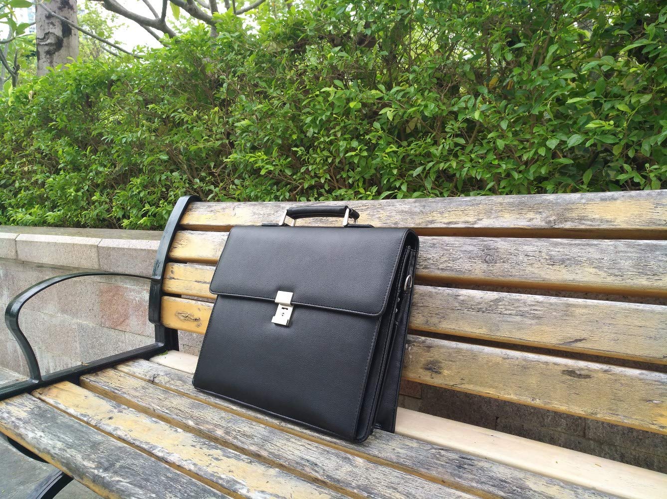 Mens Leather Briefcases Office Attorney Attache Case Ideal Gift Messenger Bag w/Padded Compartment for 15.6" Laptop, Black