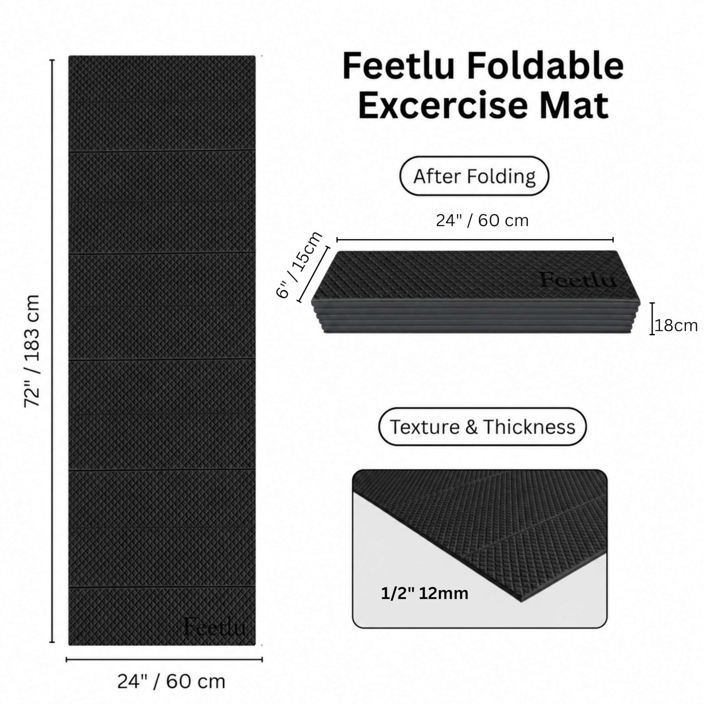 Feetlu Foldable Yoga Exercise Mat, 6mm/8mm/10mm/12mm Thickness, 72 x 24 Inch - Lightweight, Anti-Slip, and Easy to Store for Yoga, Pilates, Home Workouts, and Floor Exercises