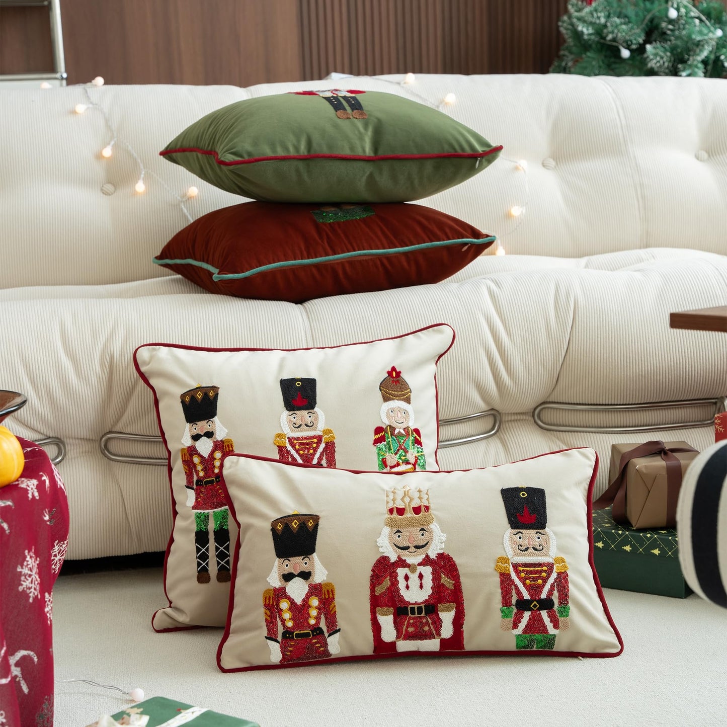 MOCOFO Christmas Embroidered Nutcracker Throw Pillow Cover - Decorative Holiday Cushion Cover (Beige, 12” x 20”)