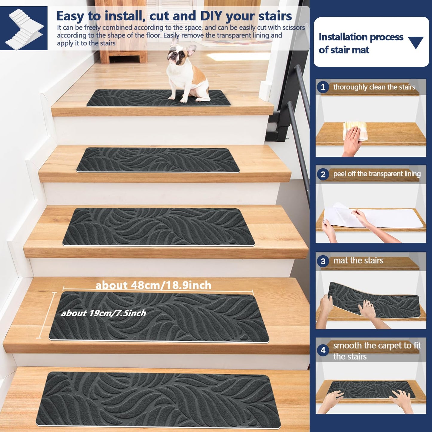 JAYFAN Non-Slip Stair Treads Mat Carpet for Wooden Steps(7/15 Pack), 21.6 x 7.4IN Self-Adhesive, Safety Indoor Stair Runner Mats, Anti Slip Stair Treads for Kids Elders and Dogs Pets