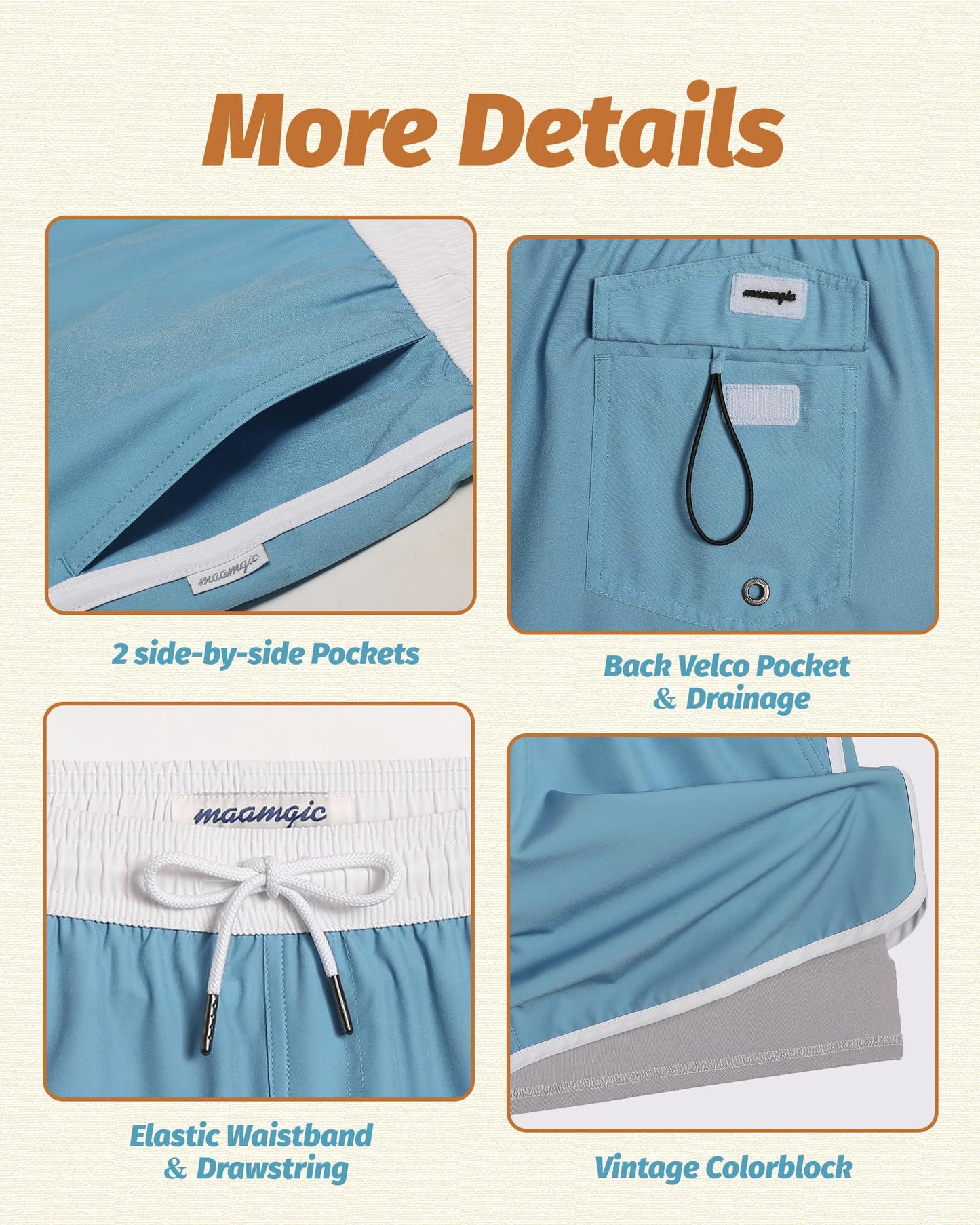 maamgic Mens Short 80s 90s Vintage 5.5" Swim Trunks Swimsuits Board Shorts Compression Liner Quick Dry 2 in 1 Bathing Suits Light Blue Large