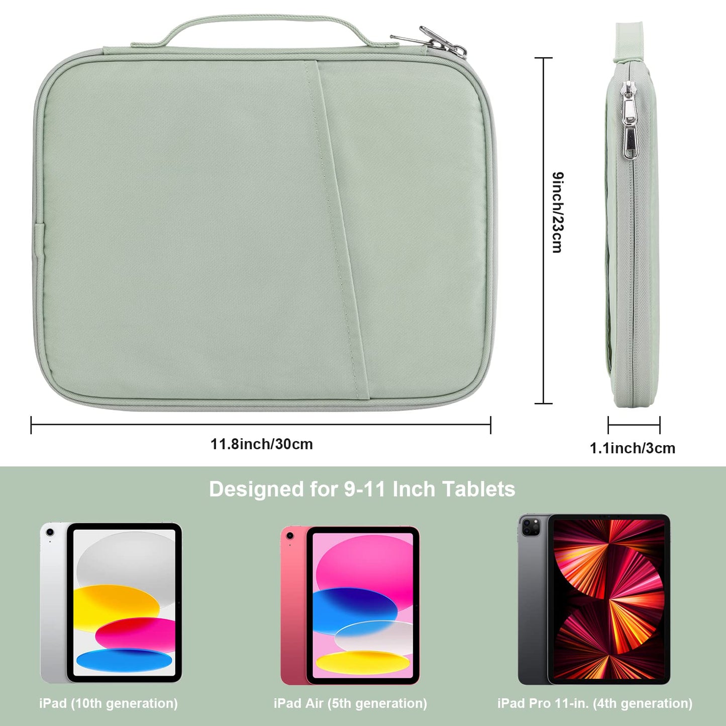 9-11 Inch Tablet Carrying Sleeve, Padded Travel Bag for iPad Pro 11-in (M4), iPad 10.9 (10th Gen), iPad Air 11-in (M2), Galaxy Tab S9/S8 (Green-Updated Version, 9-11)