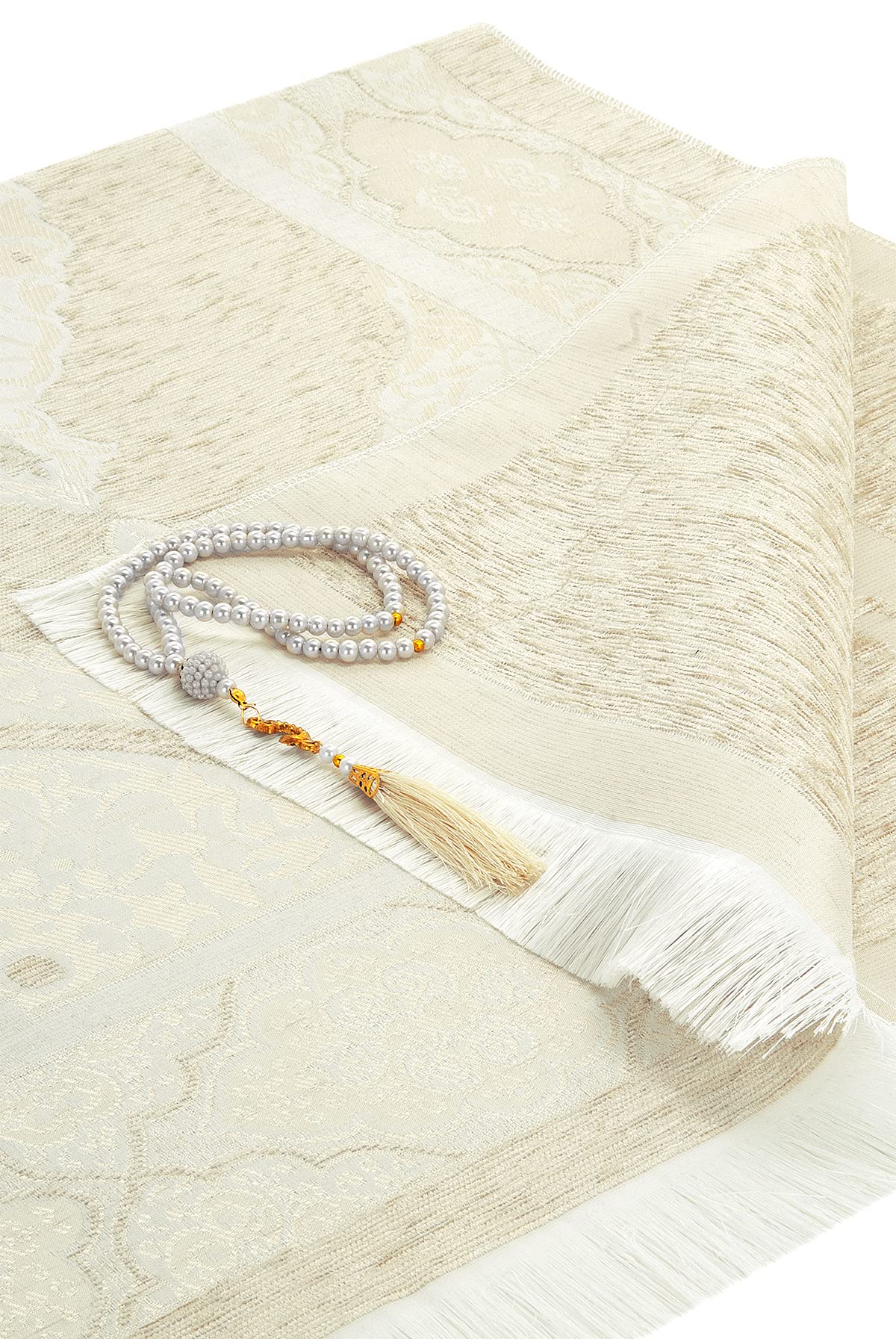 ihvan online Muslim Prayer Rug with 99 Beads Tasbih, Soft Chenille Sajadah, Lightweight & Foldable Janamaz, Portable Travel Prayer Mat, Islamic Gift for Eid, Ramadan, Hajj & Umrah, Cream