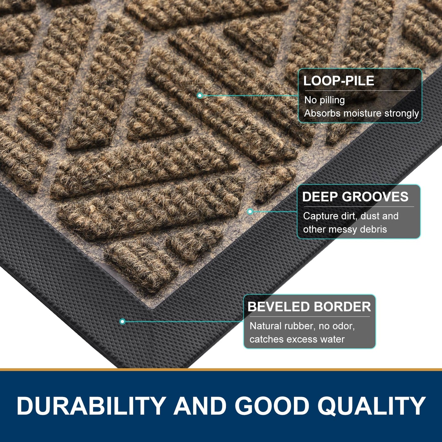Smiry Front Door Mat Outside Entrance, Heavy Duty Sturdy Natural Rubber Doormat, Trap Dirt and Moisture, Easy Clean Low Profile Mats for Indoor Outdoor Entry, Grid Geometric (47x32, Brown)