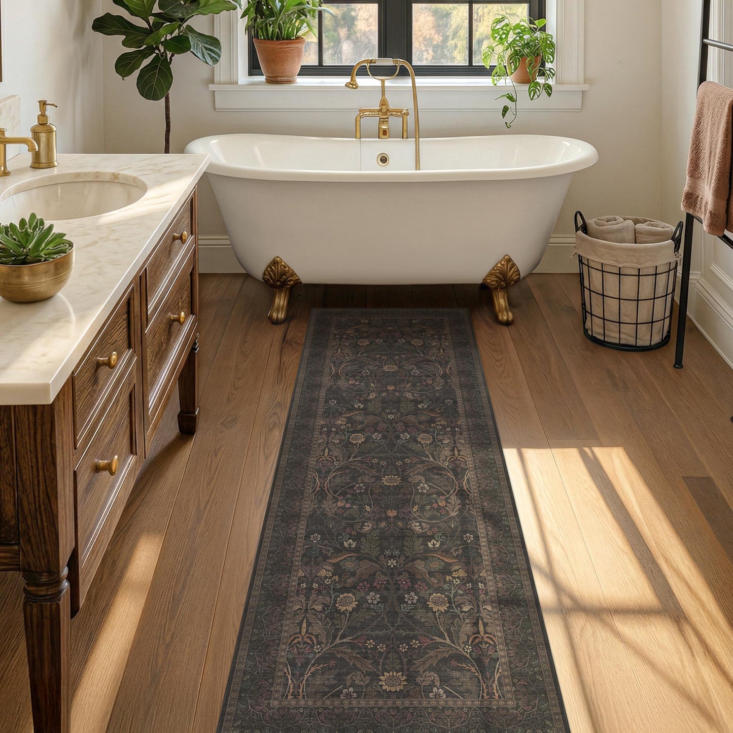 Washable 2x6 Kitchen Rugs Non Slip - Dark Brown Hallway Runner Rug, Farmhouse Non Slip Floral Botanical Bathroom Mats, Southwestern Cabin Bedroom, Hall Way Low Pile Carpet