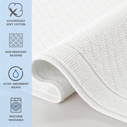 Arkwright 100% Cotton Bathroom Rug - High Absorbent Stylish Textured Woven Design Bath Mat, Slip Resistant Backing for Shower and Bathtub Floor, 24x36 in - White