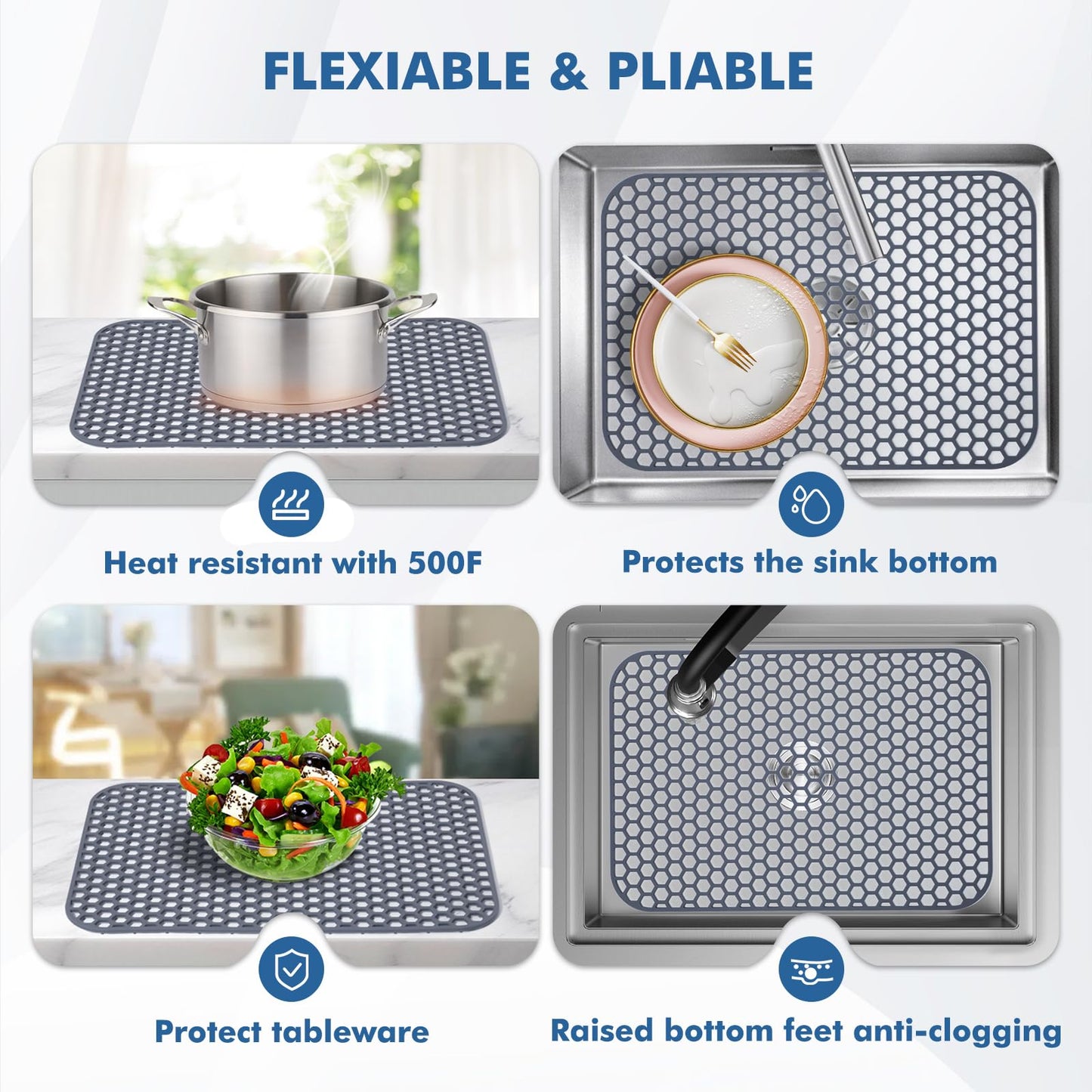 Bestjing Silicone Sink Protectors for Kitchen Sink -12" 13" 16" 18" 24" 26" 28" 30", Non-Slip Heat Resistant Mat for Bottom of Farmhouse Porcelain Stainless Steel (18.3"x12.5", Gray)