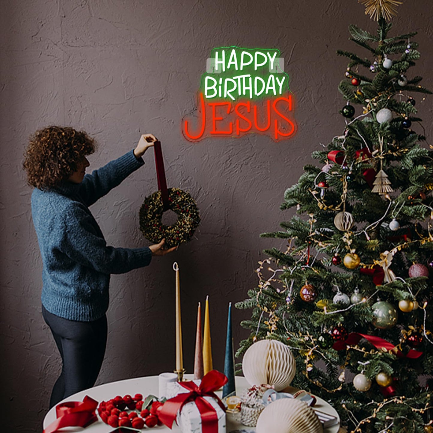 Looklight Happy Birthday Jesus Neon Sign Christmas Neon Signs for Wall Decor Red Green LED Light USB Light Up Signs for Inspirational Christian Decor for Homes Offices Churches Christmas Gifts