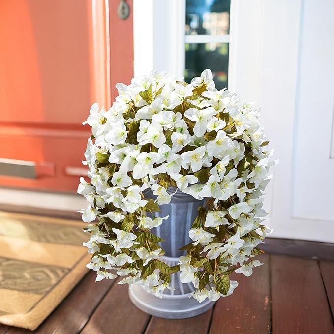 HyeFlora Bougainvillea Artificial Hanging Flowers Plants for Outdoors Winter Decoration, 2pcs Faux Bougainvillea Vines White Fake Flowers Realistic UV Resistant Silk Flowers for Outside Planter Yard