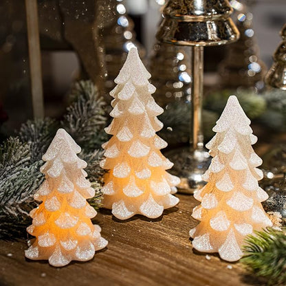 Glittering White Christmas Tree Shaped Flickering Flameless LED Candles with Timer, Real Wax Battery Operated for Home Party Decoration and Gift (Set of 3)