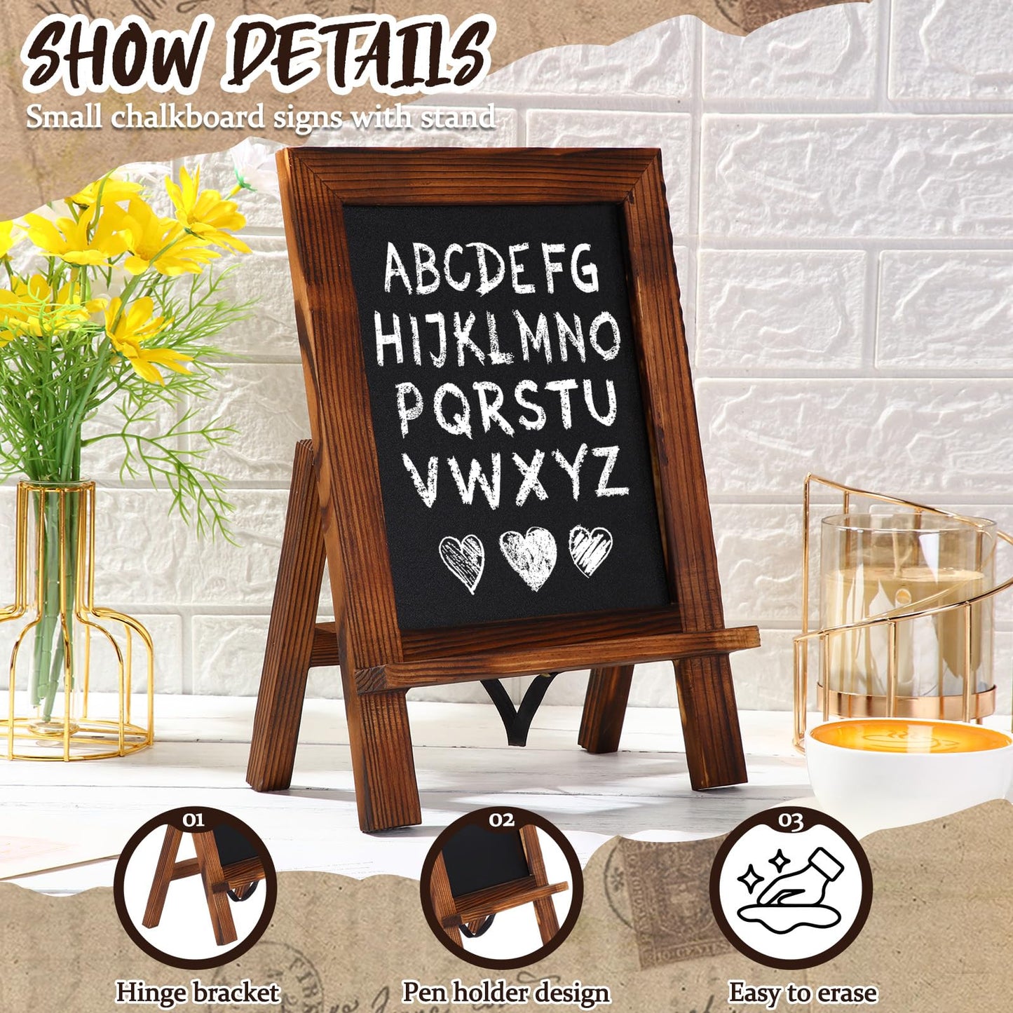 Harloon 3 Pack Christmas Office Products Framed Tabletop Chalkboard Sign 9.5" x 14" with Built-in Ledge and Folding Stand with 5 Chalk Marker for Wedding Kitchen School Birthday(Rustic Brown)