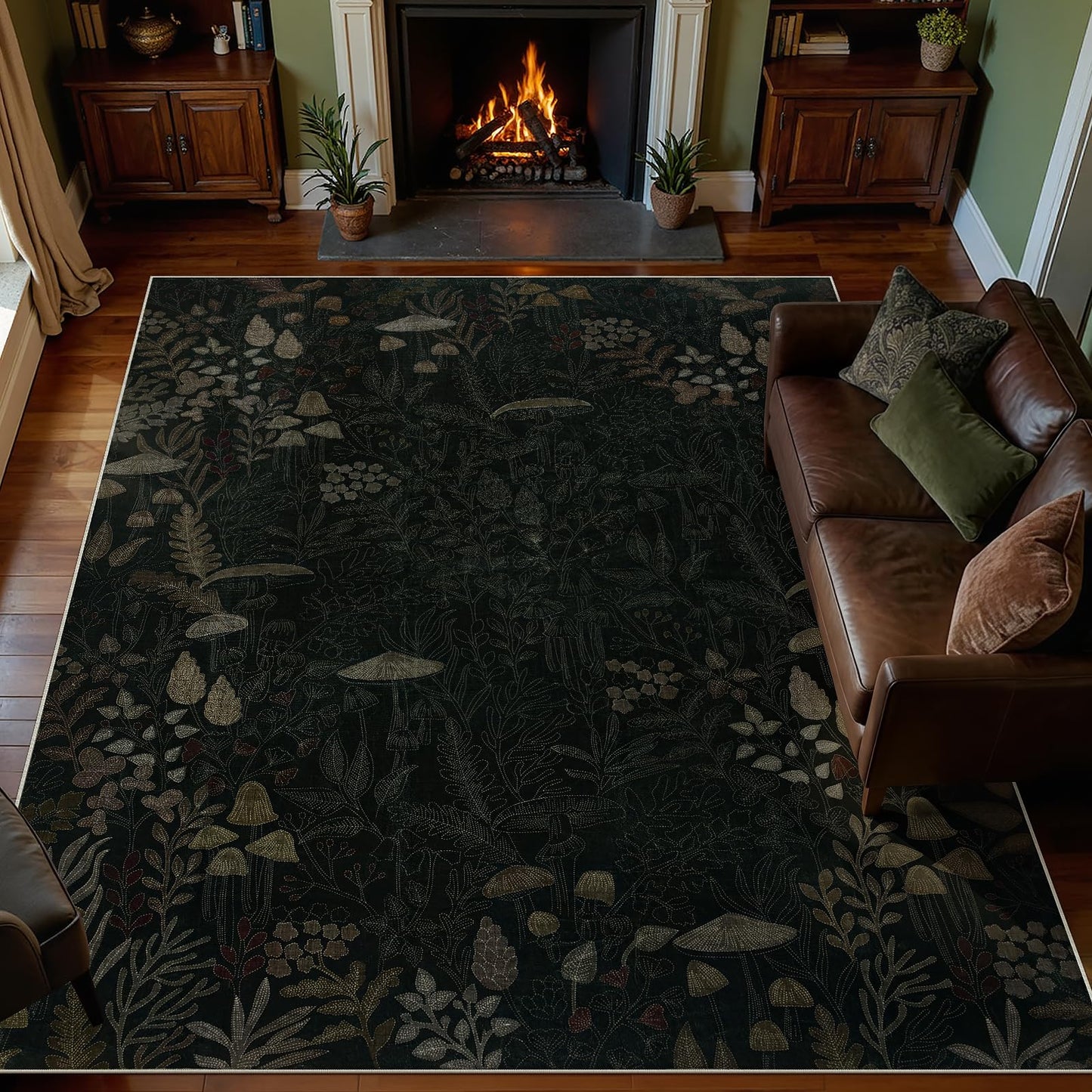 Joydeco Mushroom 5x7 Area Rugs for Bedroom, Washable Rugs for Living Room Non Slip, Boho Floral Botanical Ultra-Thin Soft Indoor Floor Throw Carpet for Dining Home Office, Black-Brown
