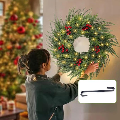 26'' Xmas Wreath with Lights,Large Norfolk Pine Wreaths with Red Berry and 50 LEDs, Battery Operated Christmas Reef with Timer for Door Window Winter Porch Decor
