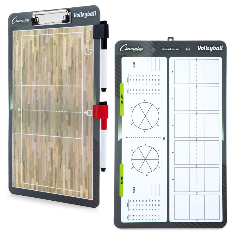 Champion Sports Dry Erase Clipboard for Coaching Volleyball - Whiteboards for Strategizing, Techniques, Plays - 2-Sided Clipboards with Clip - Front Side Full Court - Backside Half Court and Lineup