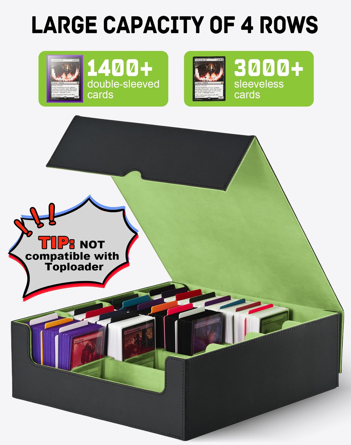 ZLCA Card Storage Box for MTG PTCG, Commander Deck Box Holds 3200+ Cards, Trading Card Storage Case with 4 Stoppers, Card Organizer for TCG Sport Cards(Black&Green)