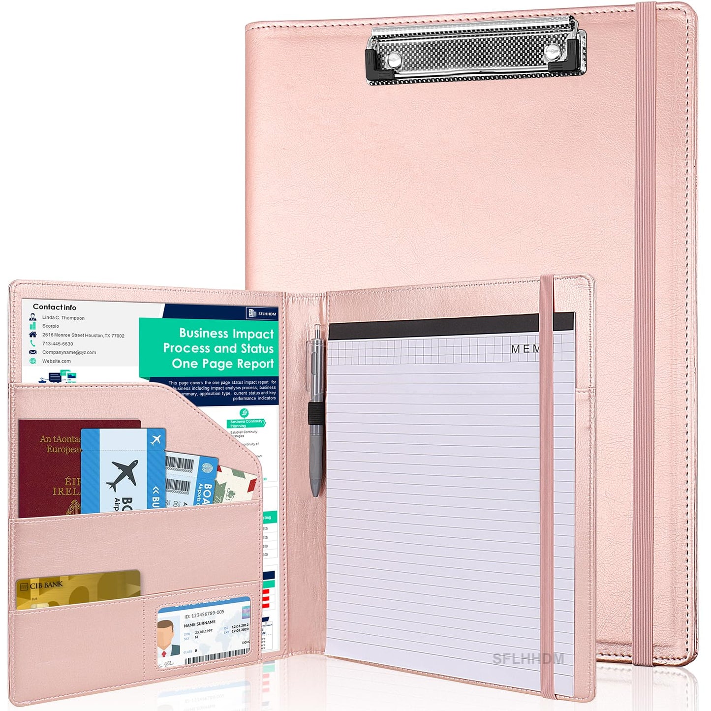 Clipboard Padfolio with Storage Pocket, Clipboard Folder Portfolio Organizer, 360 Degree Foldable Clipboards with Refillable Notepad,Faux Leather Padfolio Organizer for Office School Supplies-Pink