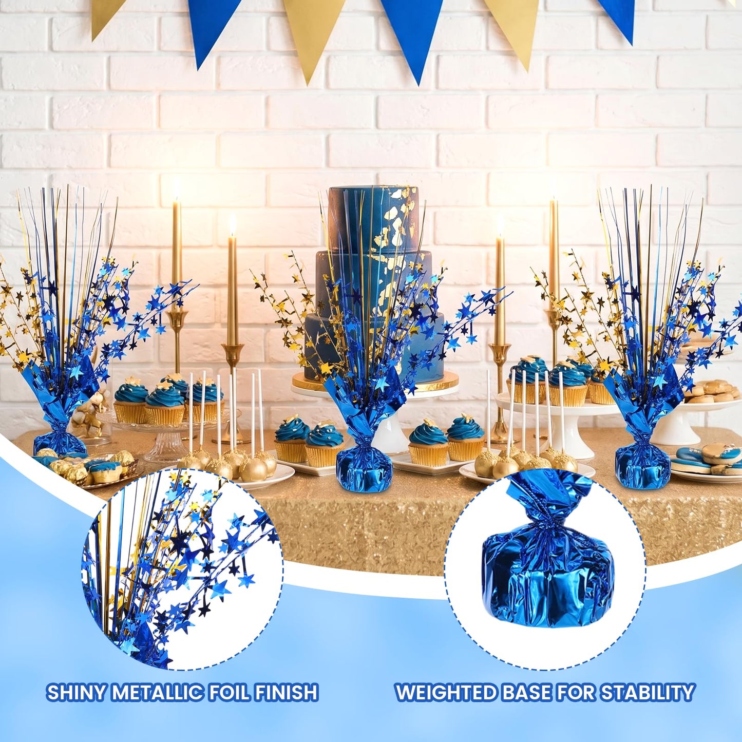 12 Pack Metallic Foil Spray Star Centerpieces for Tables, Blue and Gold Party Decorations for Wedding Birthday Baby Shower Bachelorette Retirement New Years Party Table Decorations