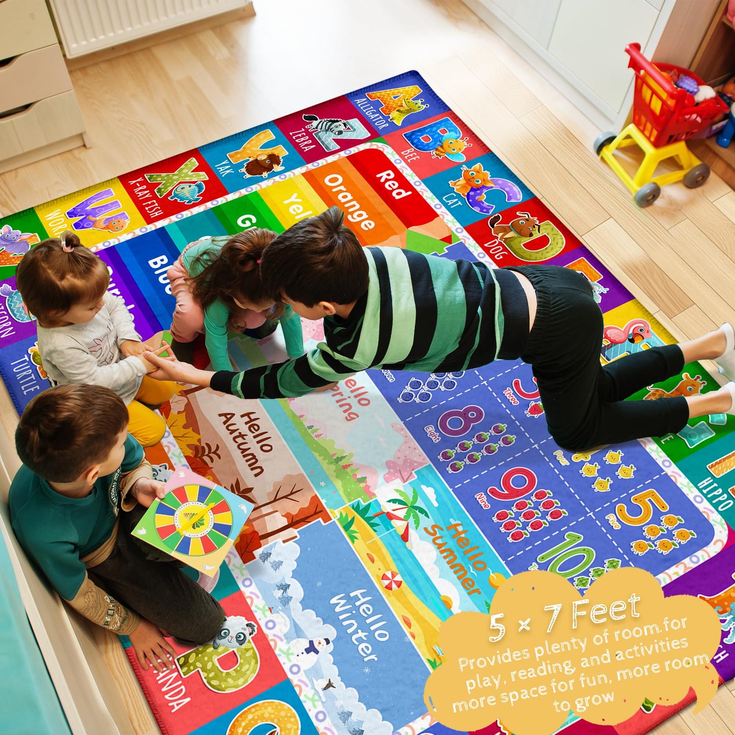 5x7 Kids Rug for Classroom & Playroom - ABC Alphabet Educational Area Rug with Animals Numbers & Colors - Non-Slip Carpet Playmat for Nursery Preschool Elementary
